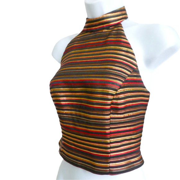 Vintage 90s Cache Metallic Stiped Halter Top Gold Lurex Satin Lined Zip Disco 4 - Picture 1 of 9